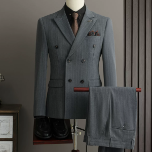 Grey premium slim fit double breasted suit for men