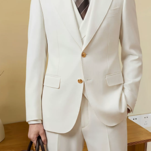 Autumn white old money style wedding groom suit