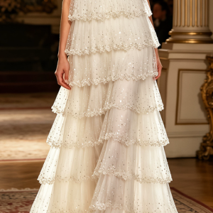 Design a luxurious and elegant lady's dress with a minimalist style